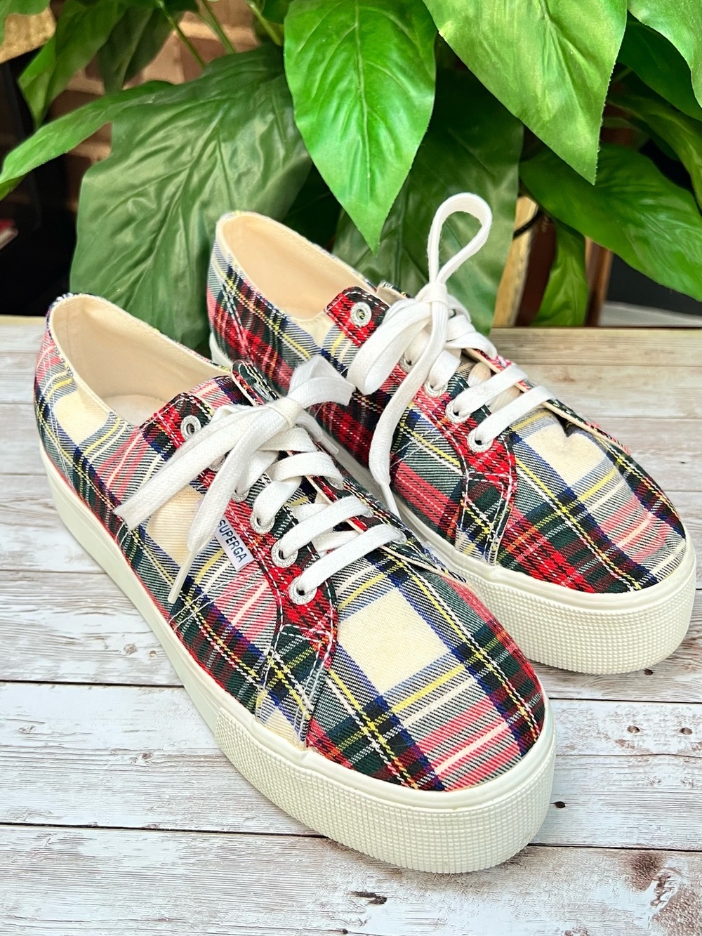 Superga Ladies Plaid Canvas Low-Top Platform Sneakers